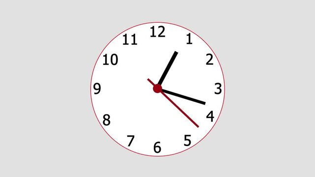 Classic Numbered Clock Animation with Black Hands and Red Second Hand