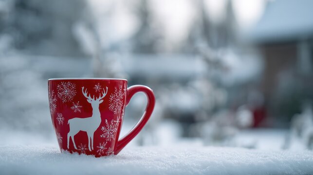 Red festive mug with deer and snowflake ornament placed on snow surface, blurred winter outdoor background, christmas