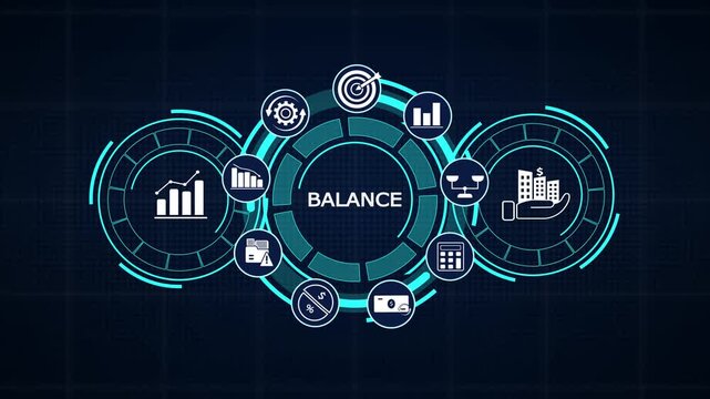 Futuristic business balance tracker screen showing financial audit metrics and interactive technology data icons