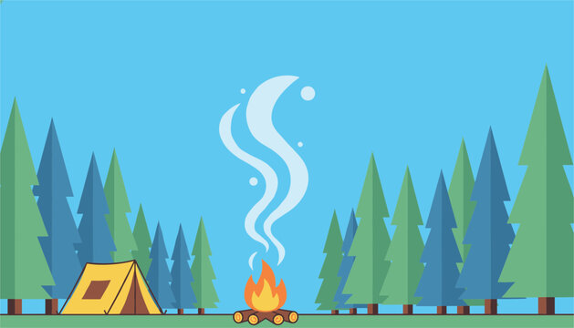 Outdoor camping scene with a small yellow tent and a bright burning bonfire surrounded by tall pine trees set under a clear blue summer sky background.