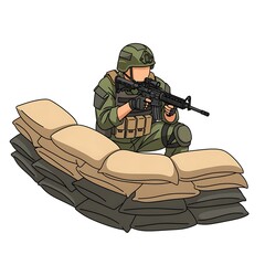 Obraz premium Soldier in Military Combat Gear with an Assault Rifle Behind Sandbag Barricade