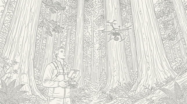 Man operating a flying drone in a redwood forest illustration