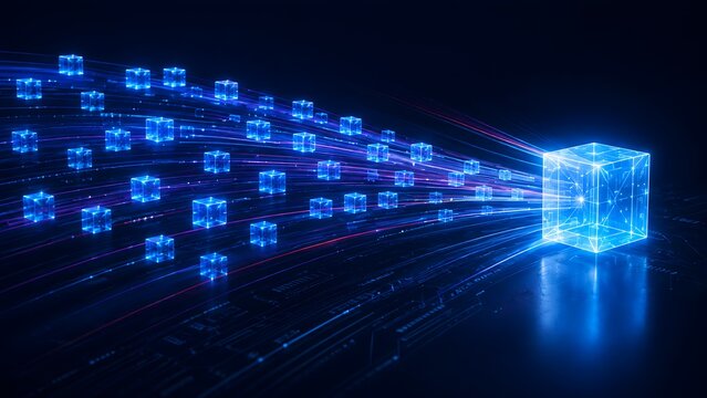 High speed digital data transfer flowing into centralized blockchain processing cube on fiber optic network