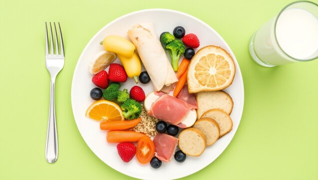 Healthy plate with fresh fruits vegetables and bread served with a fork and a glass of milk on a light green background