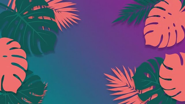 Tropical palm leaves drifting slowly in digital animation video featuring vibrant coral and dark teal botanical elements on purple background
