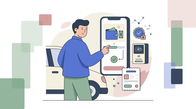 Man making contactless payment for car via mobile app