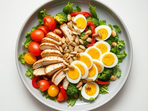 Fresh salad bowl with sliced chicken breast, boiled eggs, cherry tomatoes and seeds on a round plate