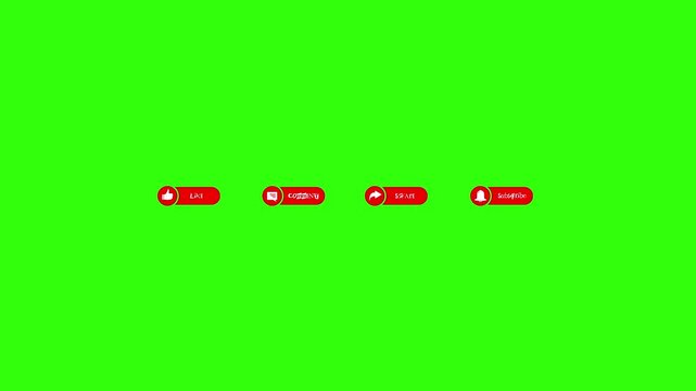 Red Like, Comment, Share, and Subscribe buttons animate dynamically in a social media video, displayed clearly against a solid green screen for easy editing and use.
