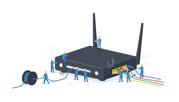 Professional technicians connect multi colored ethernet cables to a modern wireless router device in this technical illustration.
