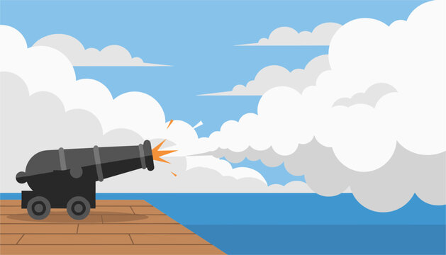 Old naval cannon sits on a wooden deck during a maritime battle while firing a projectile into the blue sky above the ocean with large white clouds.