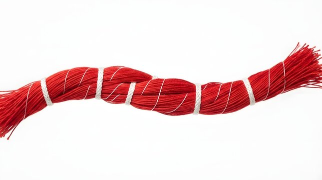 Red thread bundle representing a nerve fiber or biological connection on white background