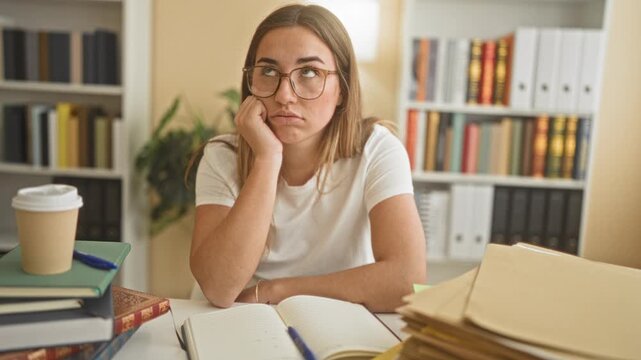 Woman reading an open notebook with hand on temple, pen and coffee cup beside piles of folders at a study desk inside a building; exam stress frustration.