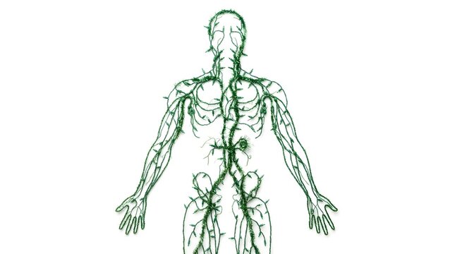Human lymphatic system diagram made of green string on white background