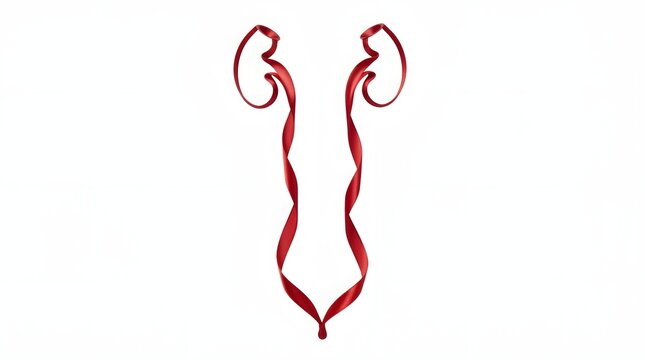 Human kidneys and ureters shaped from red satin ribbon on a white background.
