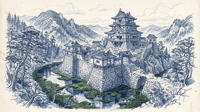 Japanese castle mountain landscape ink drawing.