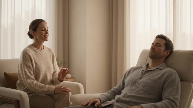 High-end wellness and healthcare stock video featuring an authentic professional hypnotherapy session in a calm modern wellness therapy room