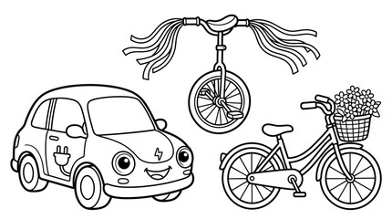 Cute cartoon electric car, unicycle with streamers, and bicycle with flower basket, outline vector illustration for kids © Sindi