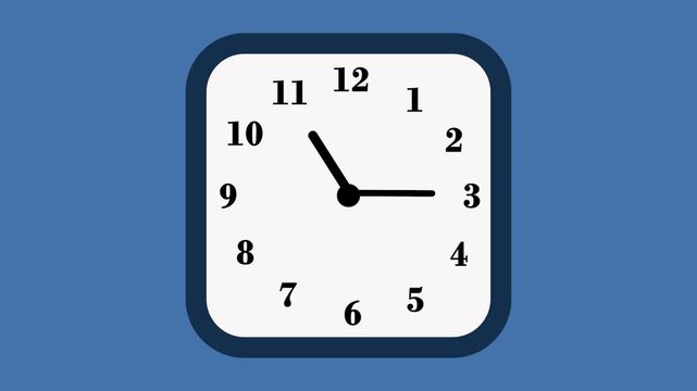 Rounded Square Clock Animation with Moving Hands on Blue Background