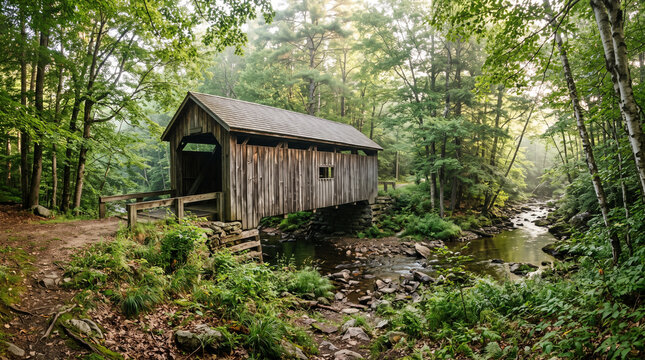 Weathered Wooden Covered Bridge Spanning Rural Creek