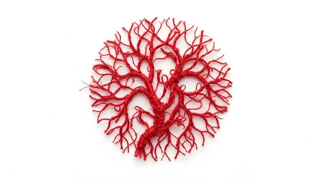 Red Christmas tinsel shaped like human blood vessels or capillaries on white background