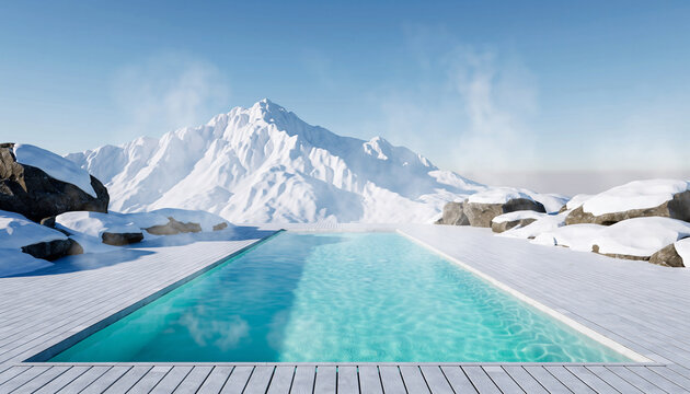 Outdoor pool with turquoise water and steam overlooking snowy mountain peaks in winter