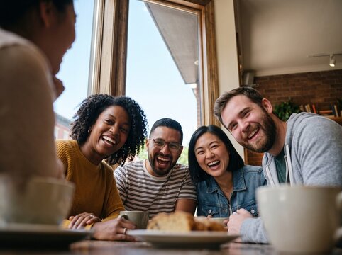 Grupo diverso de amigos riendo en circulo vista en contrapicado