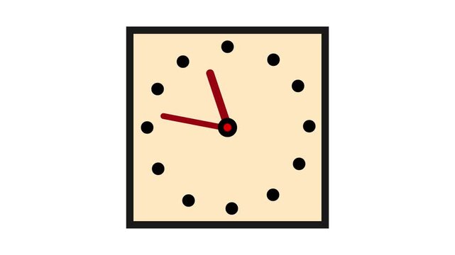Square Wall Clock Animation with Red Moving Hands on White Background