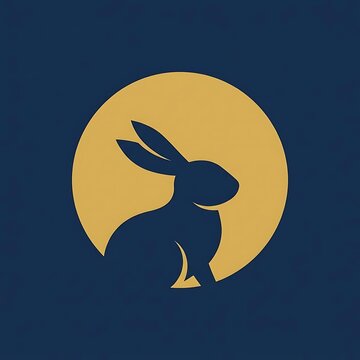 Minimalist silhouette of a rabbit sitting in front of a full golden moon on a dark blue background, flat vector design logo style