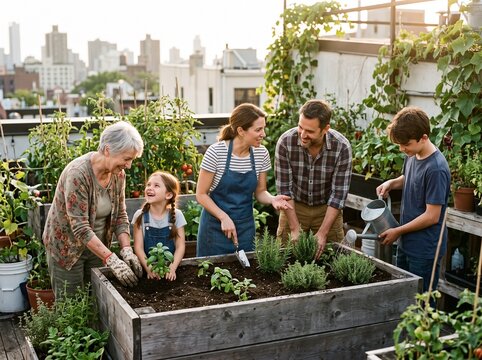 Tres generaciones cuidando juntos un huerto comunitario