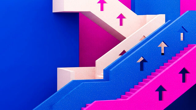 Modern abstract staircases featuring vibrant blue and pink colors with geometric arrow icons for design concepts.