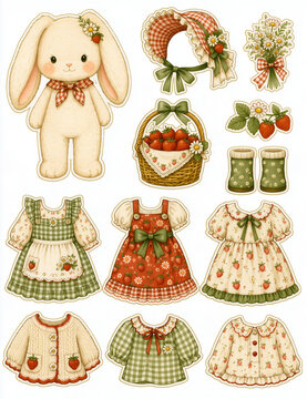 いちごとうさぎの着せ替えセット　子どものごっこ遊び・工作・知育に使えるかわいい絵本風イラスト素材