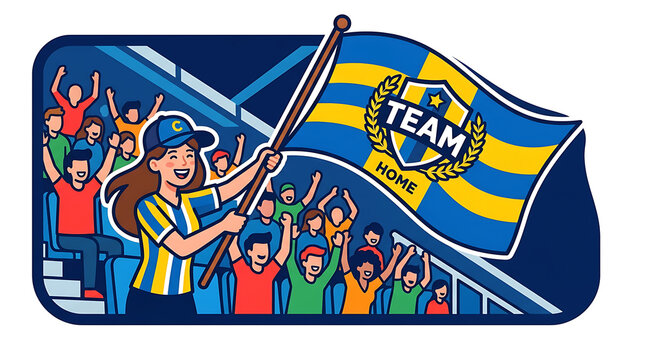 A young female fan cheering with a large sports flag in a stadium crowd