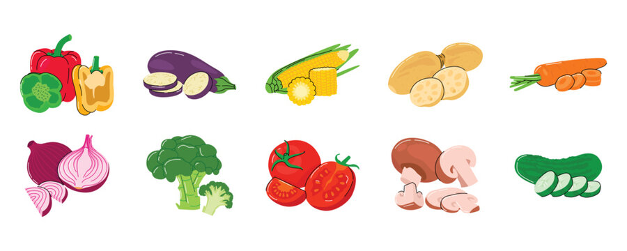 Vector Fresh Sliced and Whole Vegetables Collection. Illustration of Fresh Cut Vegetables Set