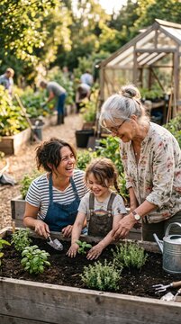Tres generaciones cuidando juntos un huerto comunitario