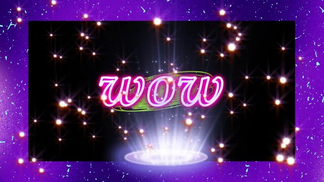 Wow neon sign glows in vibrant pink cursive lettering over a glowing stage light on a black background.