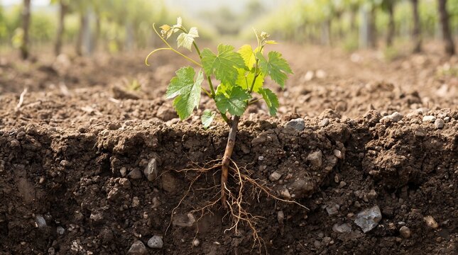 Underground taproot growth of young grapevine cutting in soil