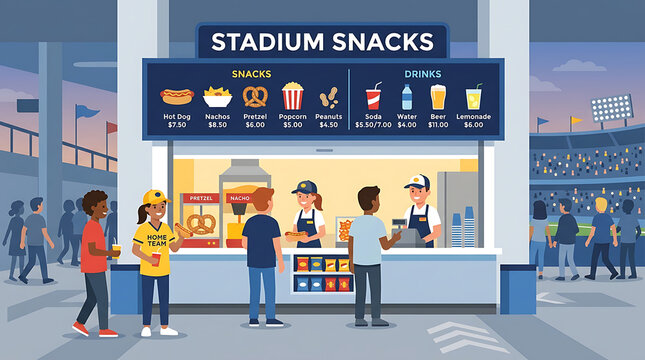 People purchasing food at a stadium concession stand in an arena