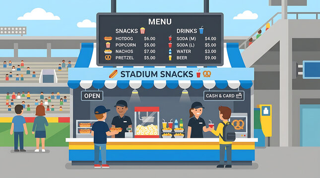 People purchasing food at a stadium concession stand in front of bleachers