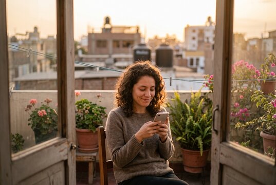 Persona sonriendo al leer un mensaje carinoso en su celular