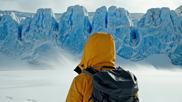 A hiker in a bright yellow jacket faces jagged blue glaciers, snow underfoot. A bold, remote expedition moment that captures endurance, exploration, and the stark beauty of polar ice.