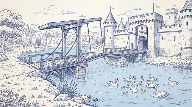 Medieval stone castle with drawbridge and moat sketch.
