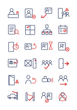 Access control icon set: visitor reception, badge issuance, tailgating detection, access log audit, security gate passage, offboarding revoke, editable stroke, isolated on transparent background