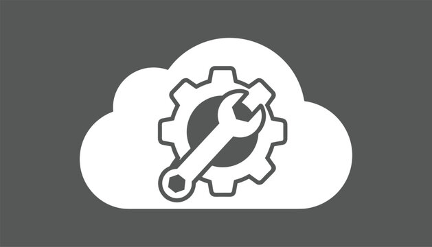 Cloud computing settings icon showing a white gear and wrench inside a cloud contour on a solid dark grey background.