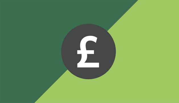 British pound sterling currency symbol inside a dark grey circle on a two tone green diagonal background.