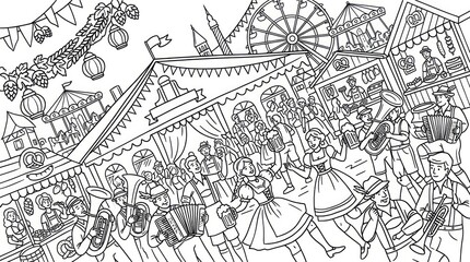 Fototapeta premium Traditional folk festival coloring page with musicians and crowd