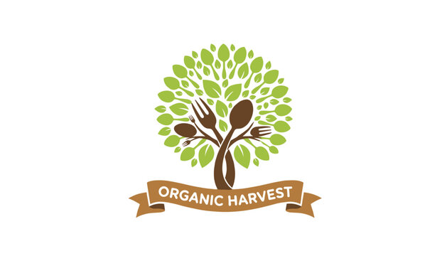 Creative green tree logo made of leaves with wooden forks and spoons in the center above an organic harvest banner.