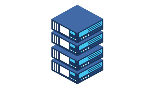 Blue isometric vector icon of a database server tower representing computing network storage and data hosting.