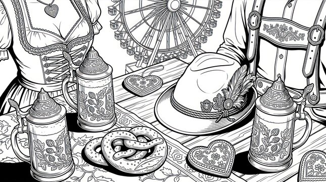 Traditional oktoberfest festival coloring page with beer and pretzels