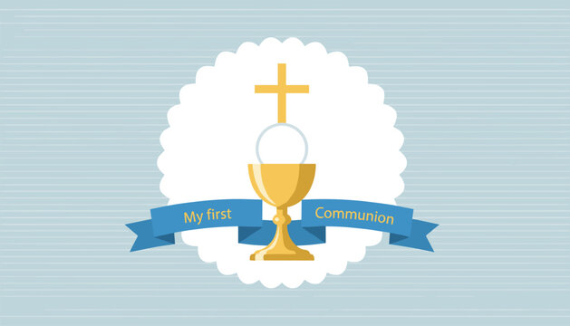 Elegant first communion card featuring a golden chalice and host wafer with a cross inside a circular frame.