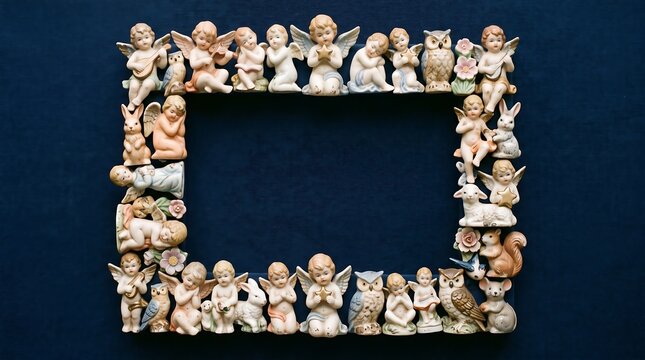 Frame of ceramic angels and animals for decorative purposes with festive arrangement.